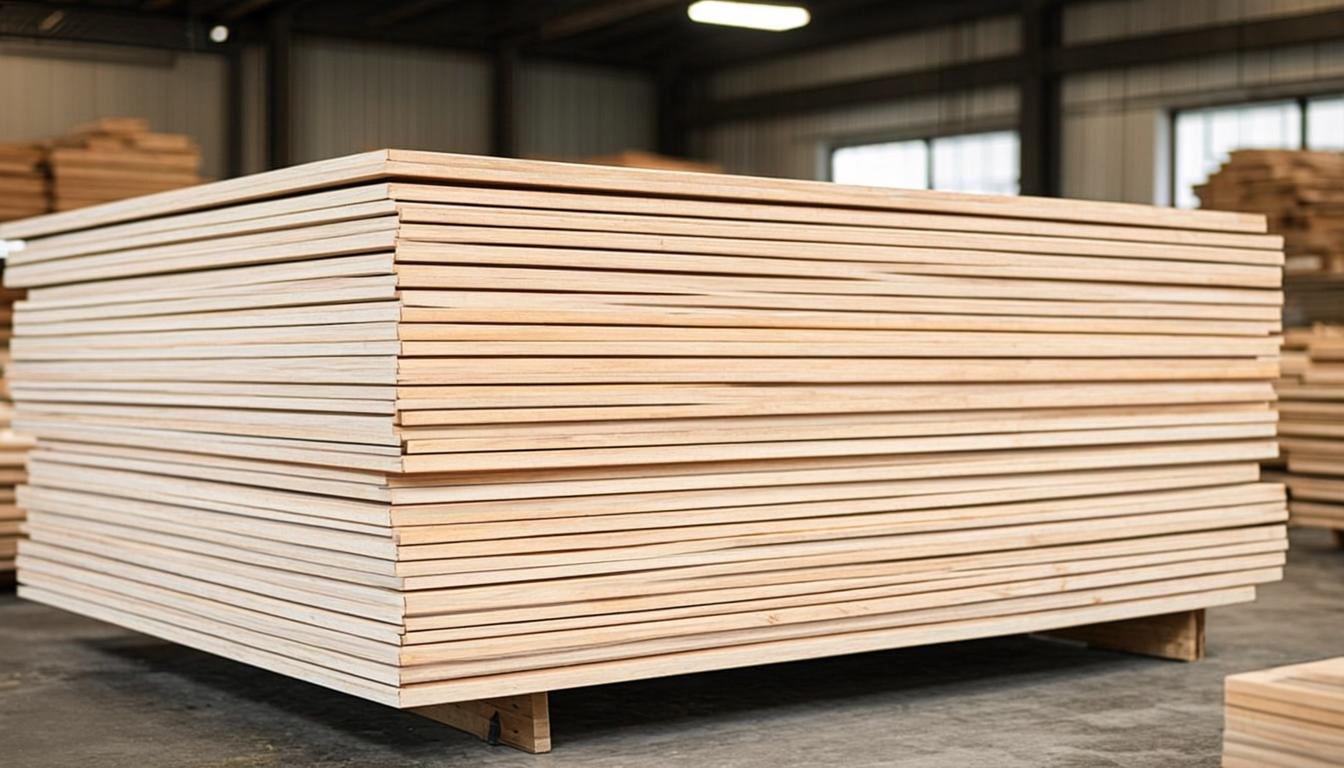 Beech Wood planks with smooth pale cream color and fine straight grain at timber warehouse